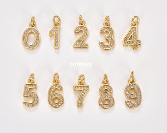 18K Gold Filled  Micro Pave CZ Numbering Charms Pave Dangle, Silver Number Letter Charms Pave Number Findings Number 0-9 Charms CP066