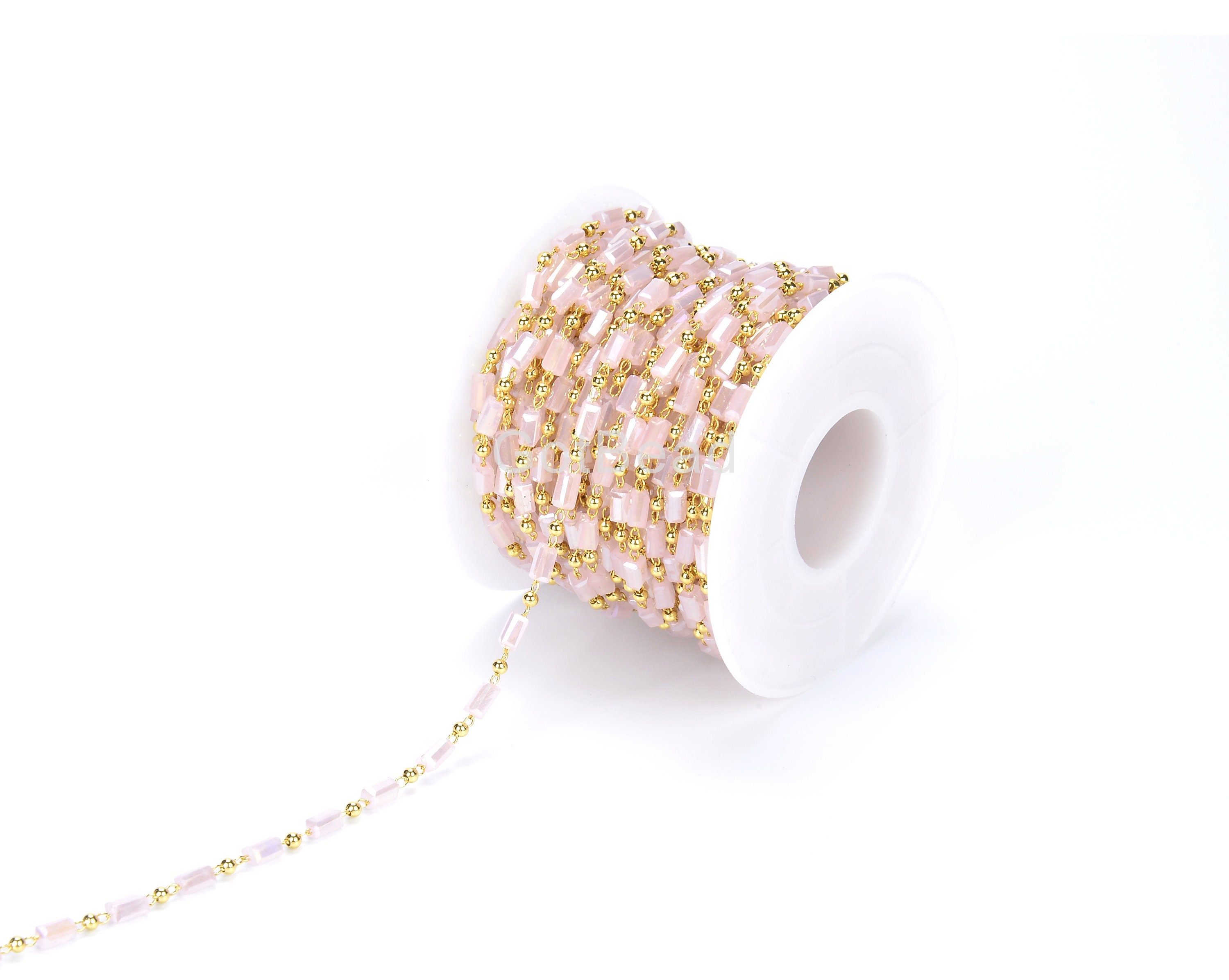1/3 Feet Rose Quartz Pink Crystal Tube Bead Faceted Rectangle  Beaded Chain, 14K Gold  Beaded Chain, Bulk Chain, 3x5mm, CH024
