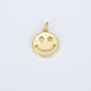 18K Gold Filled Happy Face Charm, Gold Emoji Charm Star Smile Charm Pendant Smiley Face Charms for Necklace Earring Bracelet Supply, CP1423