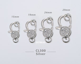 Silver CZ Lobster Clasps, Micro Pave CZ Lobster Claw Clasp with Jump Ring, Jewelry Clasps, Closure Bulk, 15mm/19mm/24mm/29mm, CL300