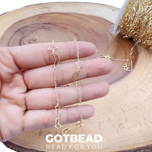 Star Moon Link Chain by Yard, Gold Filled Star and Moon Cable Chain by Foot, Unfinished Chain, Wholesale Bulk Roll Chain, CH324