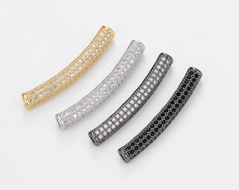 Gold Filled CZ Bead Bar, Crystal Rhinestone Connector, 32mm Curved Tube Bead, Jewelry Making Supply, DIY Bracelet Component, BD600