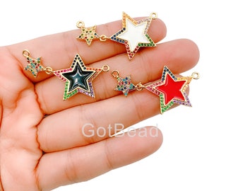Enamel Star Charm Connector, Gold Filled CZ Micro Pave Star Pendant, Star Connector Link, Cubic Zirconia Charm for Jewelry, 41x21mm, CN335