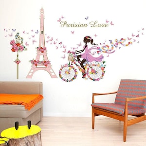 Hermosa calcomanía de pared de amor parisino. decoración del hogar del dormitorio de la guardería de la sala de estar. Enchanted Fairy Girl Torre Eiffel flores mariposa pegatinas arte