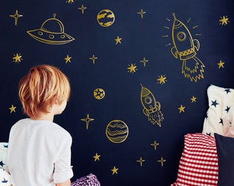 Gold Outer Space Wall Decals ~ Black White or Gold ~ Boys Girls bedroom nursery~ play room Space Ship Astronaut Rocket Planet Stars Stickers