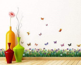Flowers in a grass nursery kids bedroom sticker vinyl decal wall art 340