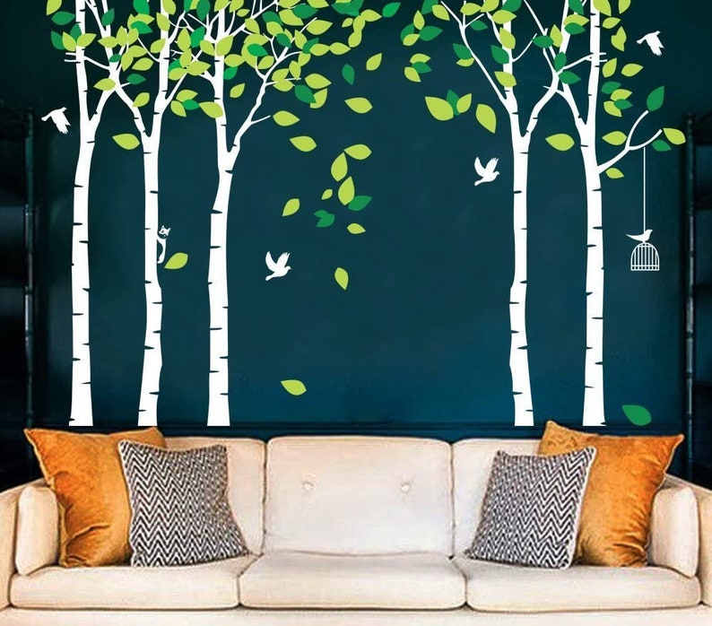 White Birch Trees Wall Decals green Leaves Birds Forest Etsy