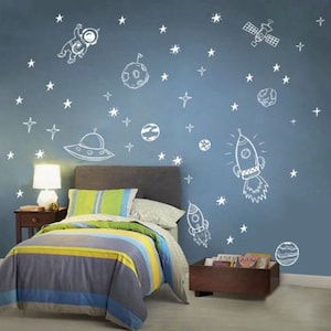 Outer Space Wall Decals ~ Black White or Gold ~ Boys Girls bedroom nursery kids play room Space Ship Astronaut Rocket Planet Stars Stickers