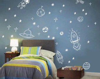 Outer Space Wall Decals ~ Black White or Gold ~ Boys Girls bedroom nursery kids play room Space Ship Astronaut Rocket Planet Stars Stickers