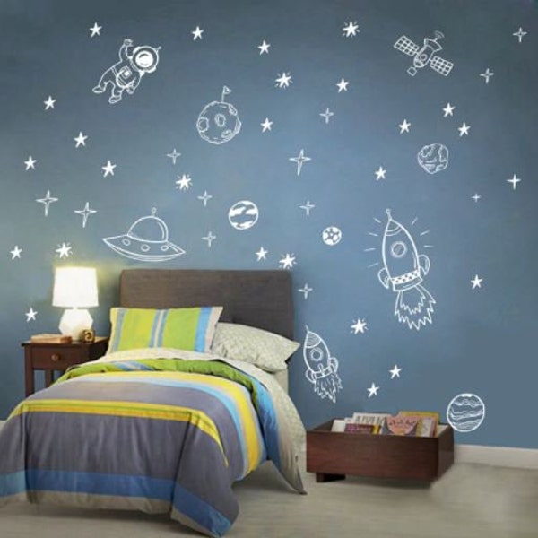 Outer Space Wall Decals ~ Black White or Gold ~ Boys Girls bedroom nursery kids play room Space Ship Astronaut Rocket Planet Stars Stickers