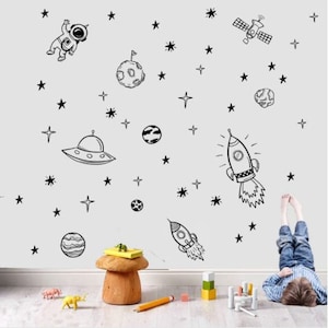 Outer Space Wall Decals ~ Black White or Gold ~ Boys Girls bedroom nursery kids play room Space Ship Astronaut Rocket Planet Stars Stickers
