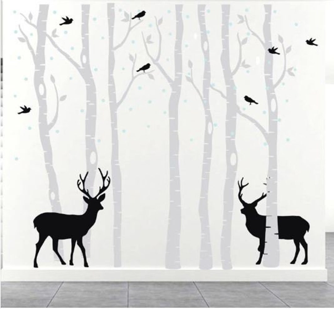 Black / White / Gray Birch Trees Wall Decals Deer Birds Etsy