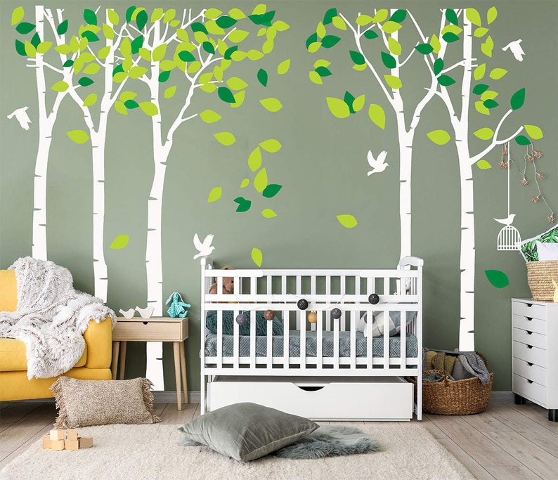 White Birch Trees Wall Decals green Leaves Birds Forest Etsy