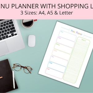 Weekly Menu Planner with Shopping List-A4, A5, Letter- Weekly Meal Planner