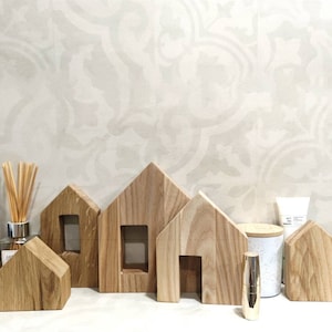 Plankdecor Houten Huizen Decor Set van 5 Houten Blokhuizen Massief hout Houten dorp, Houten Kerstdorp Volledige Set, Houten Plank Sitter