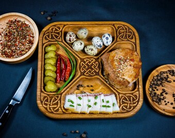 Sneks serving platter, Wooden Plate with 4 Compartments Sectional Serving dish, Celtic Ornament style Viking style Plate, Сompartmental dish
