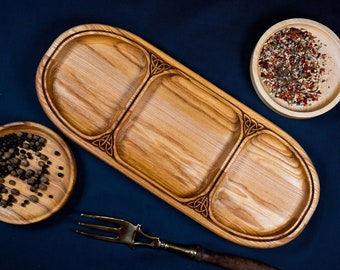 3 section divide plate, Wooden Plate with 3 Compartments, Sectional Serving dish, Viking wooden plate, Celtic style decor