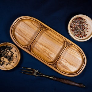 3 section divide plate, Wooden Plate with 3 Compartments, Sectional Serving dish, Viking wooden plate, Celtic style decor