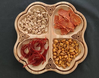 Wooden Plate with 4 Compartments, Sectional Serving dish, Wooden Snack, Celtic Ornament style, Viking style Plate, Сompartmental dish
