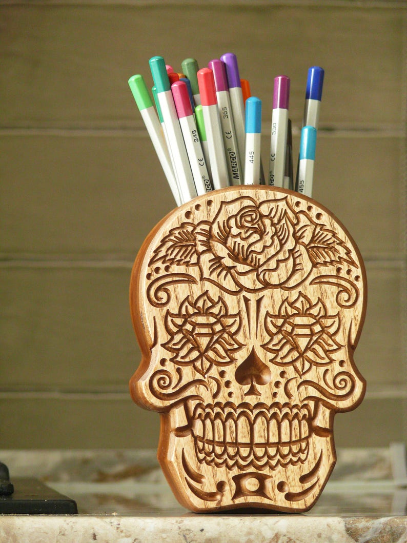 Pen Holder Skull Desk Accessories Sugar Skull Wood Holder Etsy
