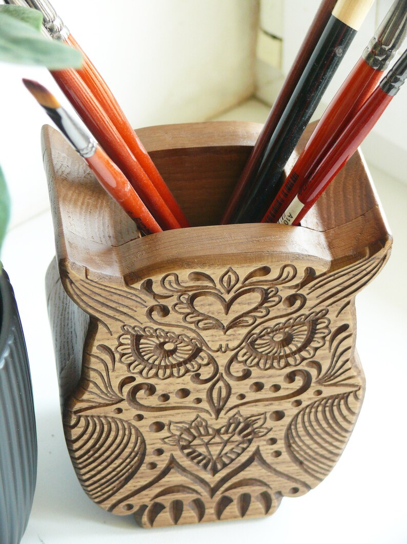 Owl Desk Organizer Wooden Owl Pensil Holder Desk Storage Etsy