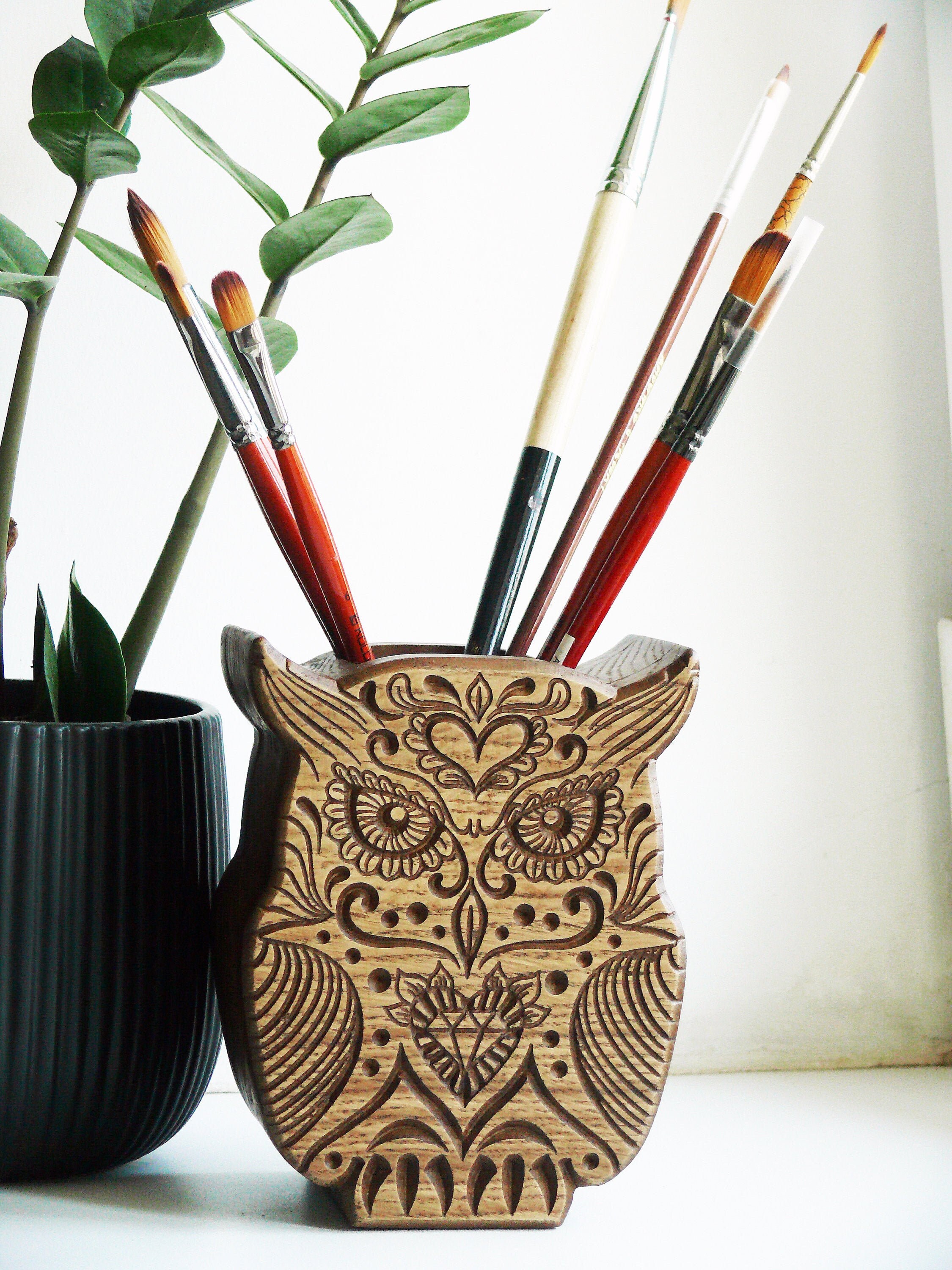 Owl desk organizer Wooden Owl pensil holder Desk Storage Etsy