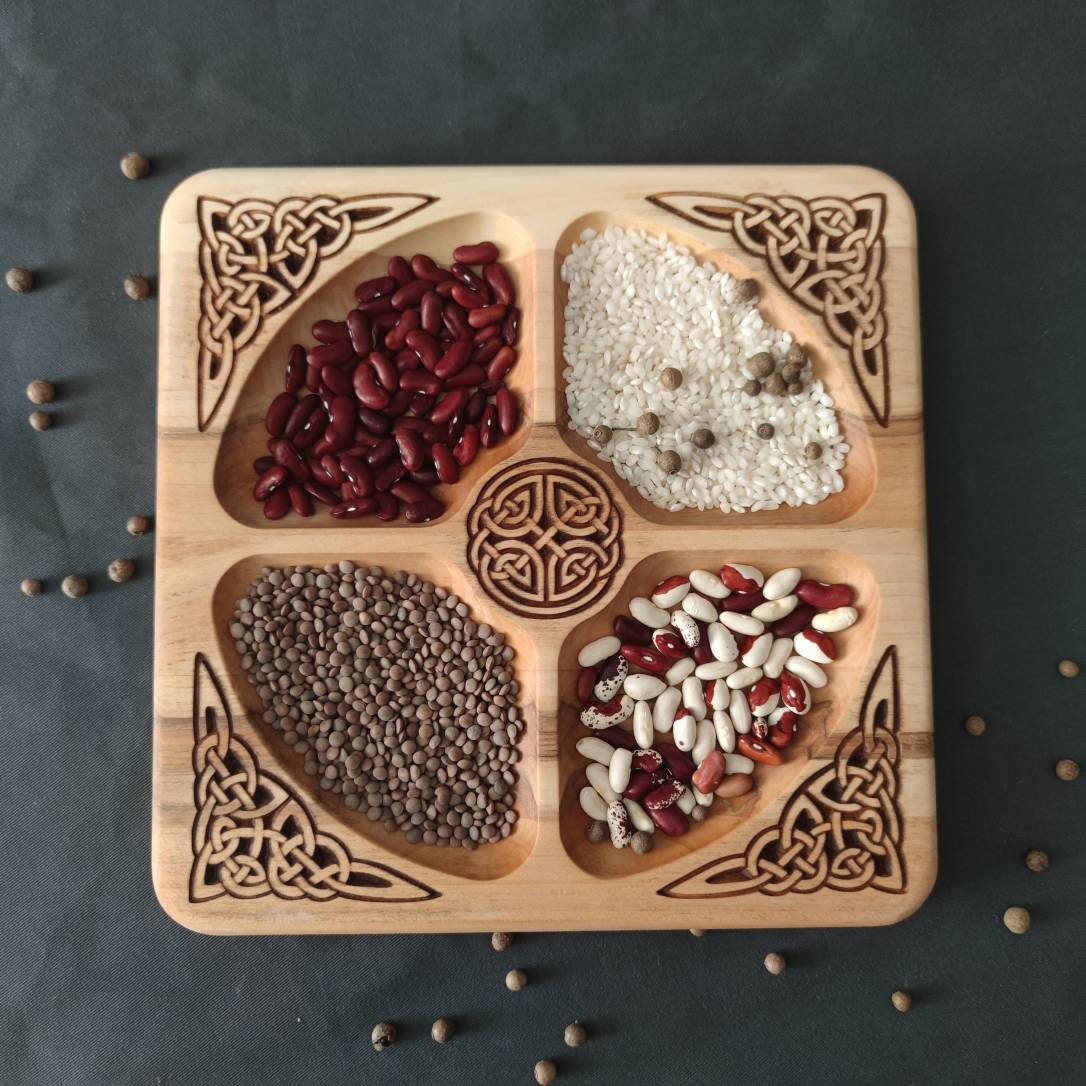 Wooden Plate with 4 Compartments, Sectional Serving dish, Wooden Snack, Celtic Ornament style, Viking style Plate, Сompartmental dish