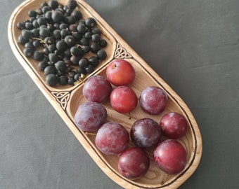 Wooden Plate with 2 Compartments, Sectional Serving dish, Wooden Snack, Celtic Ornament style, Viking style Plate, Сompartmental dish