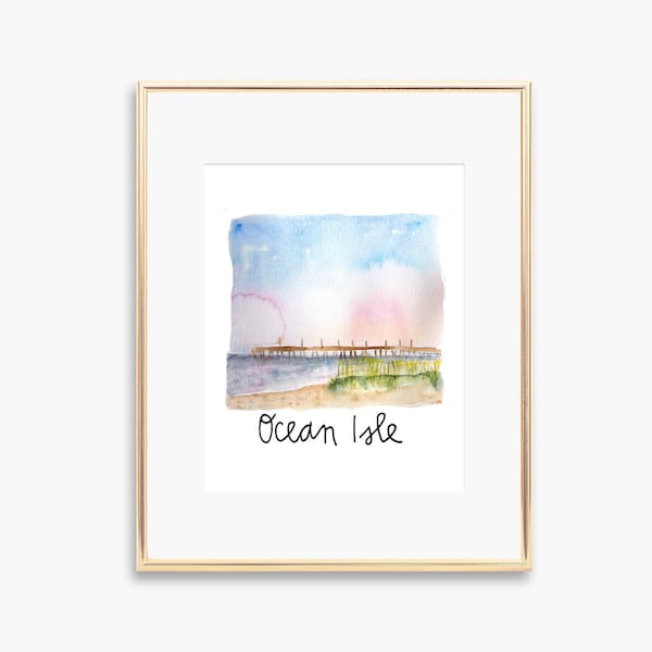 Ocean Isle Watercolor Painting Print Wall Art Coast Beach Decor Pier North Carolina Sunset