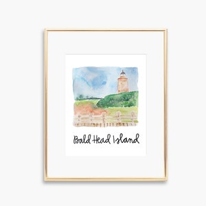 Bald Head Island Lighthouse Watercolor Painting Print Wall Art Coastal Decor North Carolina Beaches BHI