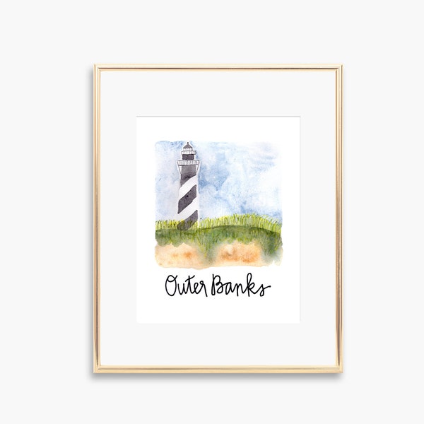 Outer Banks OBX Watercolor Painting Print Wall Art Bodie Island Lighthouse North Carolina Beaches Coastal Decor Cape Hatteras Ocracoke