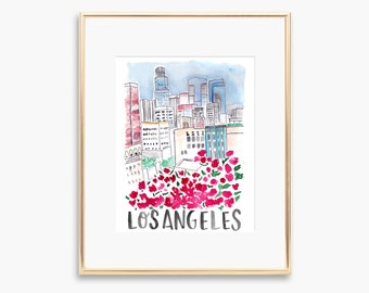 Los Angeles Wall Art, Los Angeles Prints, Watercolor Painting, Downtown LA Skyline Decor, California Art Print, City Art Prints Travel