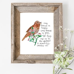His Eye Is On The Sparrow Wall Art Print, Hymn Wall Art Print, Christian Home Decor, Watercolor Bird Art Painting, Gifts for Her Mom Grandma