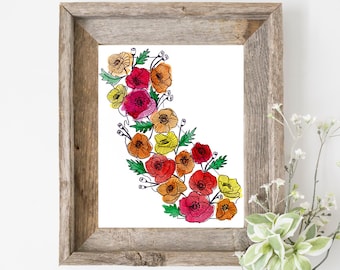 California Wall Art Watercolor, California Map Poppy Flower Painting, California Art Print, Map of California, California Decor Gift, 8x10