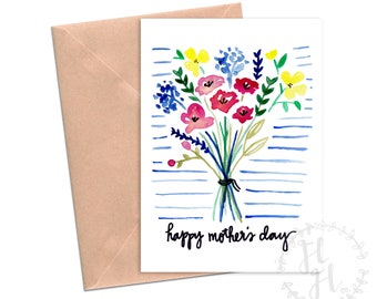 Printable Mother's Day Cards, Watercolor Flowers Card, Watercolor Floral Bouquet, Pretty Sweet Card for Mom Grandma Mother in Law Wife