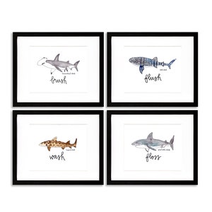 Set of 4 Prints Kids Bathroom Sharks, Watercolor Sharks Bathroom Art Prints Decor, Art for Kids Bathroom, Wash Flush Brush Floss Prints