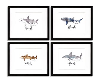 Set of 4 Prints Kids Bathroom Sharks, Watercolor Sharks Bathroom Art Prints Decor, Art for Kids Bathroom, Wash Flush Brush Floss Prints