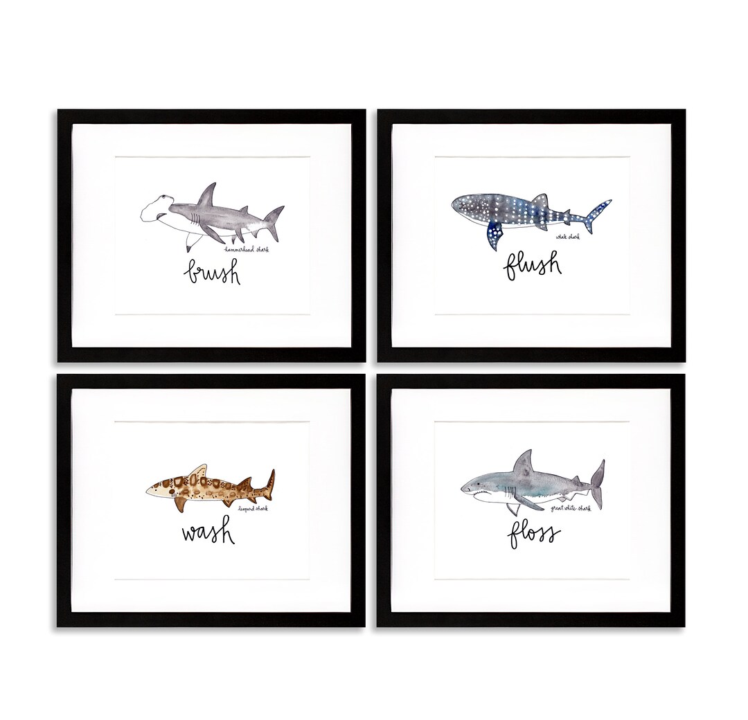Printable Set of 4 Prints Kids Bathroom Sharks, Watercolor Sharks