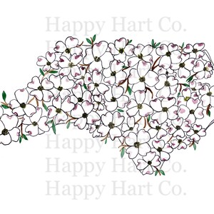 May include: A white outline of the state of North Carolina filled with white dogwood blossoms with pink centers. The blossoms are arranged in a cluster and have green leaves. The text "Happy Hart Co." is written in white at the top and bottom of the image.