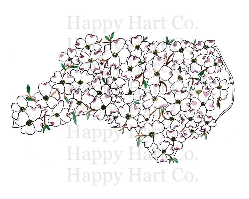May include: A white outline of the state of North Carolina filled with white dogwood blossoms with pink centers. The blossoms are arranged in a cluster and have green leaves. The text "Happy Hart Co." is written in white at the top and bottom of the image.