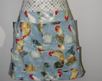 Handmade Egg Gathering & Collecting Apron All over Blue Rooster Chickens (Pockets Hold Eggs) Made in the USA!