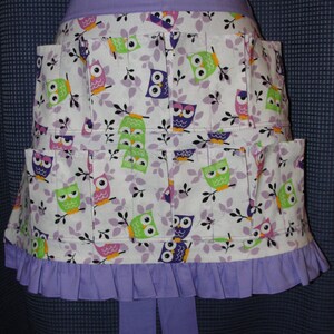 Egg Gathering Collecting Apron 10 Pockets Purple Owls with Ruffle Lined