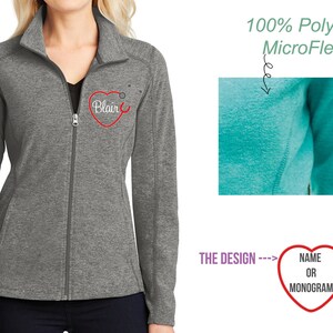Custom Ladies Nurse, ER, ICU, BSN Heather Microfleece Full-Zip Jacket, Monogrammed Jacket, Embroidered Fleece Jacket, Stethoscope Heart Art
