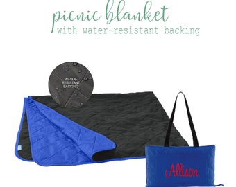 Embroidered Picnic Blanket, Water Resistant Woven Backing and Soft Fleece Face, Personalized Embroidery, Name Text Monogram or Logo