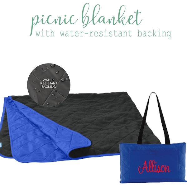 Embroidered Picnic Blanket, Water Resistant Woven Backing and Soft Fleece Face, Personalized Embroidery, Name Text Monogram or Logo