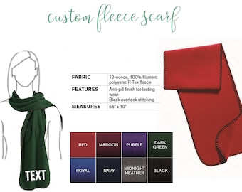 May include: A custom fleece scarf with black overlock stitching. The scarf is available in a variety of colors, including red, maroon, purple, dark green, royal, navy, midnight heather, and black. The scarf measures 56 inches by 10 inches.