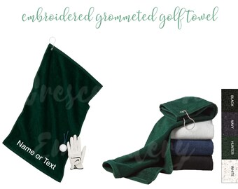 Personalized Embroidered Golf Towel, USA Cotton Terry Velour, Grommeted