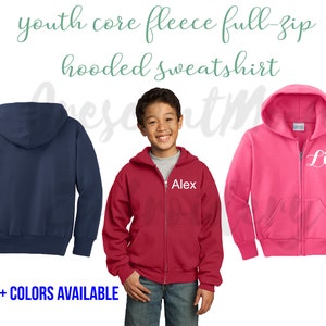 Youth Core Fleece FullZip Hooded Sweatshirt, Personalize Youth Jacket, Monogrammed Boys and Girls Jacket, Embroidered Sweatshirt, Custom zip