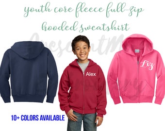 Youth Core Fleece FullZip Hooded Sweatshirt, Personalize Youth Jacket, Monogrammed Boys and Girls Jacket, Embroidered Sweatshirt, Custom zip