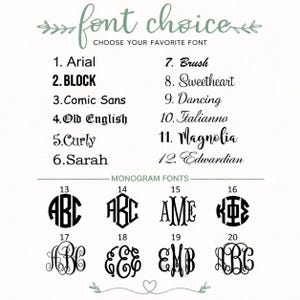 May include: A font selection chart featuring the text font choice and twelve numbered standard font styles including Arial, Block, and Old English, followed by eight numbered circular and decorative monogram font designs labeled as monogram fonts.